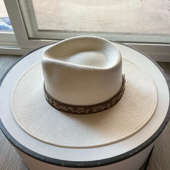wyeth remy ivory white embroidered band western panama fedora straw sun hat NEW - Picture 1 of 8
